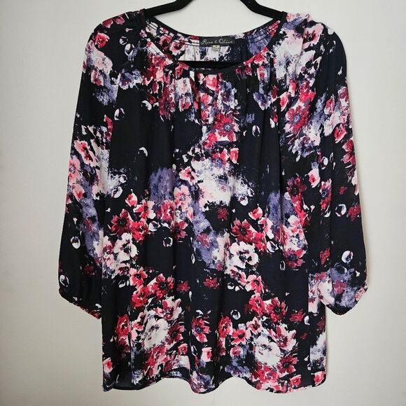 Rose & Olive Blouse Floral Print Pink Purple White Keyhole Business Casual - Picture 1 of 11